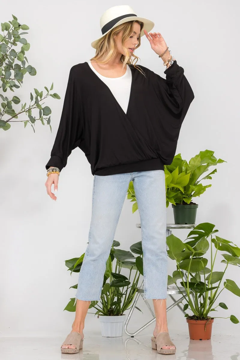 Full Size Contrast Round Neck Top with Two Layer Detail