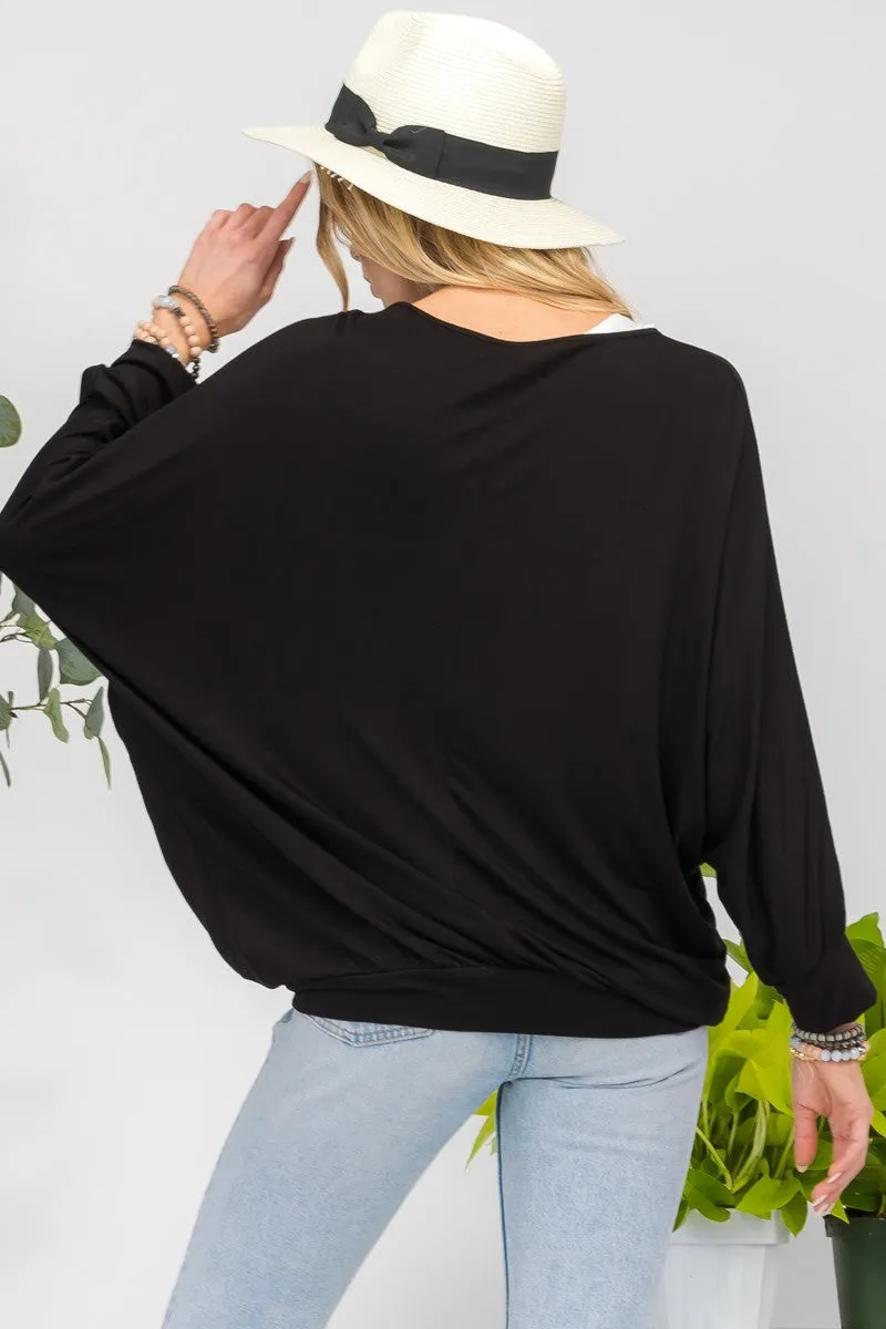 Full Size Contrast Round Neck Top with Two Layer Detail