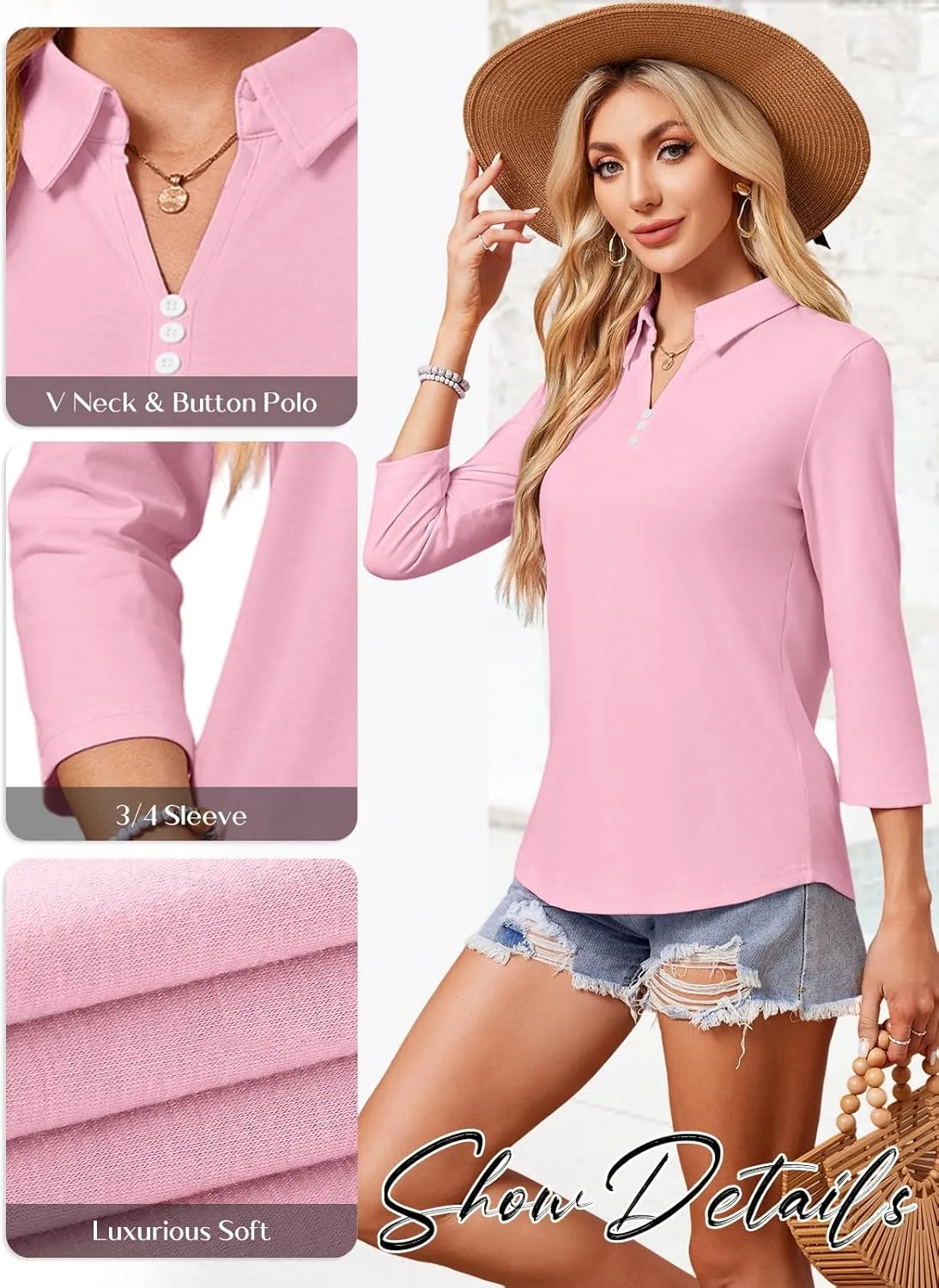 GEMLON Women's 3/4 Sleeve Tops V Neck Button Polo Shirts Casual Tees 3/4 Length Sleeve Blouse