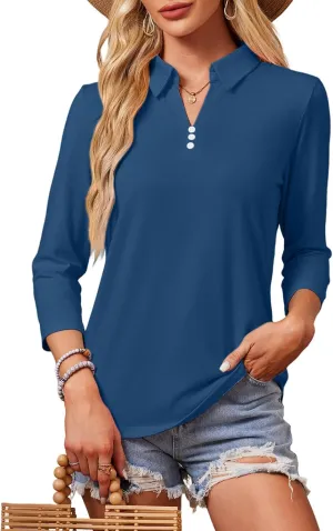 GEMLON Women's 3/4 Sleeve Tops V Neck Button Polo Shirts Casual Tees 3/4 Length Sleeve Blouse