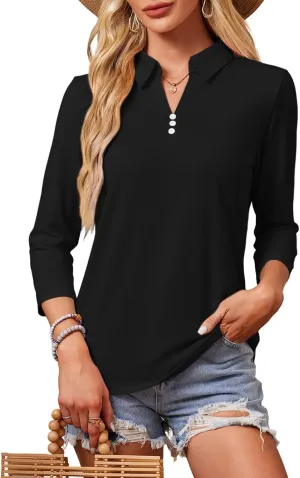 GEMLON Women's 3/4 Sleeve Tops V Neck Button Polo Shirts Casual Tees 3/4 Length Sleeve Blouse
