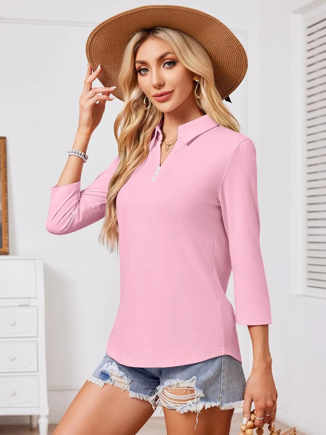 GEMLON Women's 3/4 Sleeve Tops V Neck Button Polo Shirts Casual Tees 3/4 Length Sleeve Blouse