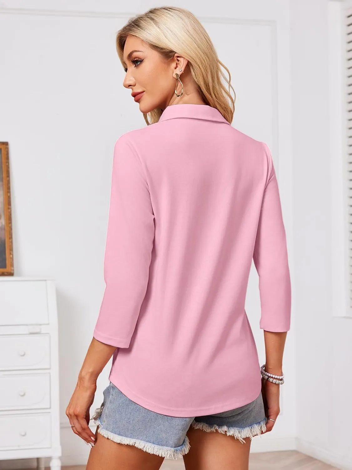 GEMLON Women's 3/4 Sleeve Tops V Neck Button Polo Shirts Casual Tees 3/4 Length Sleeve Blouse