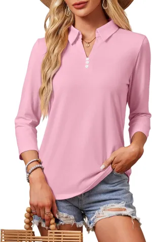 GEMLON Women's 3/4 Sleeve Tops V Neck Button Polo Shirts Casual Tees 3/4 Length Sleeve Blouse