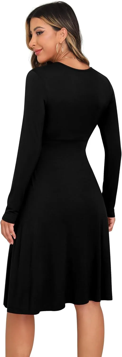 GRECERELLE Spring Fall Dress for Women Casual Ruffle Long Sleeve Wrap V-Neck Dress