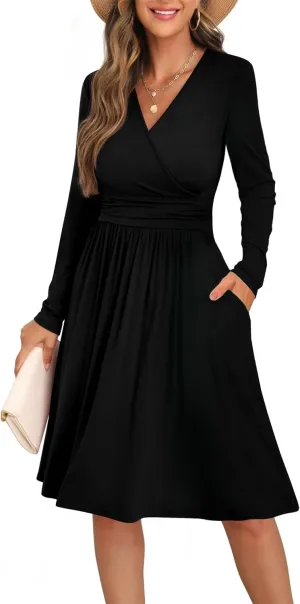 GRECERELLE Spring Fall Dress for Women Casual Ruffle Long Sleeve Wrap V-Neck Dress
