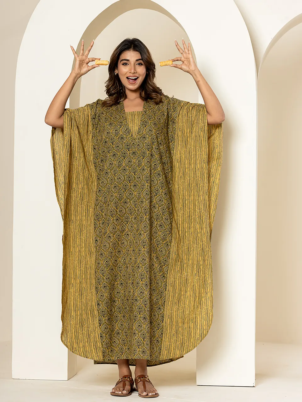 Green mehendi block - 2 piece Pure Cotton Kaftan Set