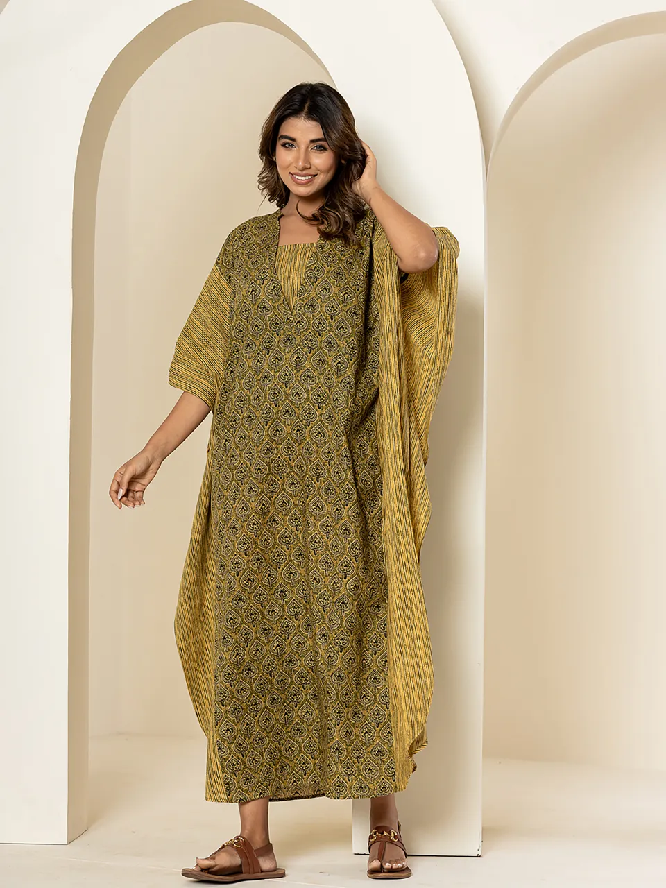 Green mehendi block - 2 piece Pure Cotton Kaftan Set