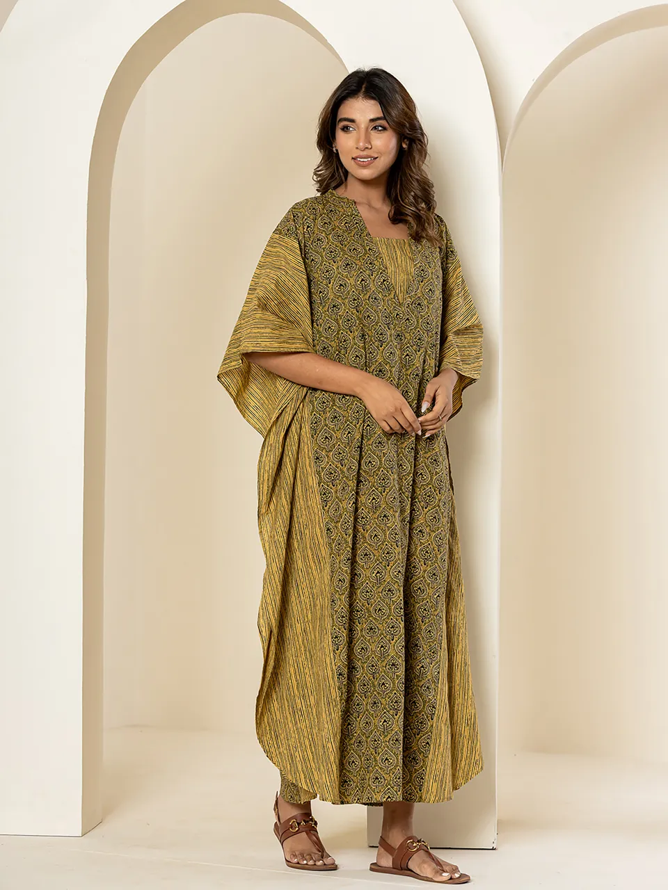 Green mehendi block - 2 piece Pure Cotton Kaftan Set