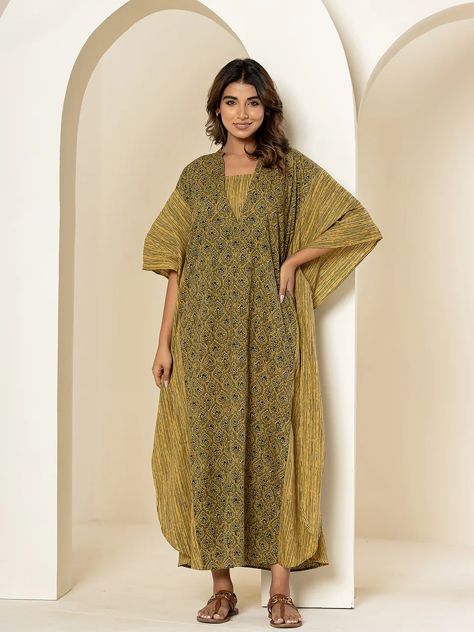 Green mehendi block - 2 piece Pure Cotton Kaftan Set