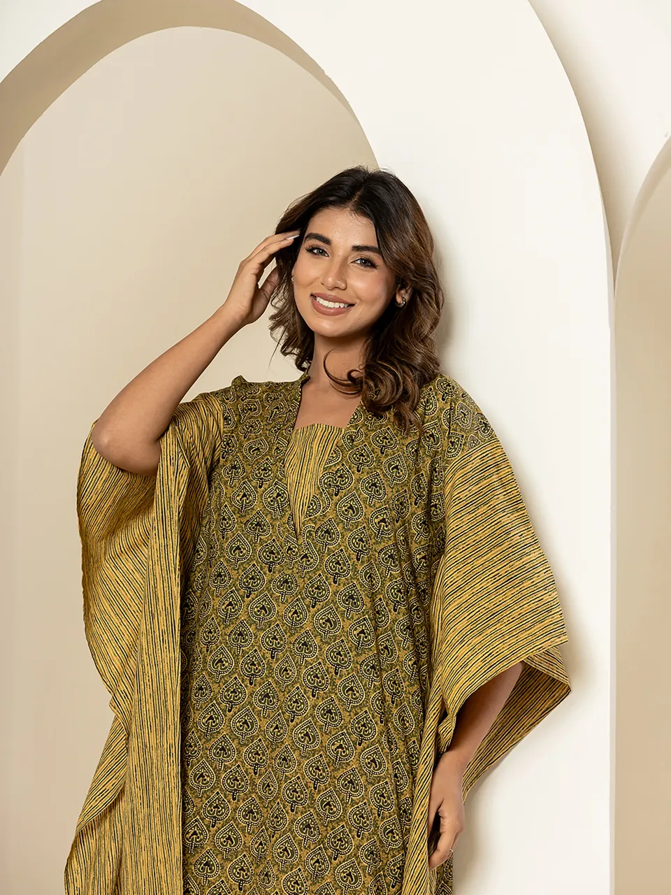 Green mehendi block - 2 piece Pure Cotton Kaftan Set