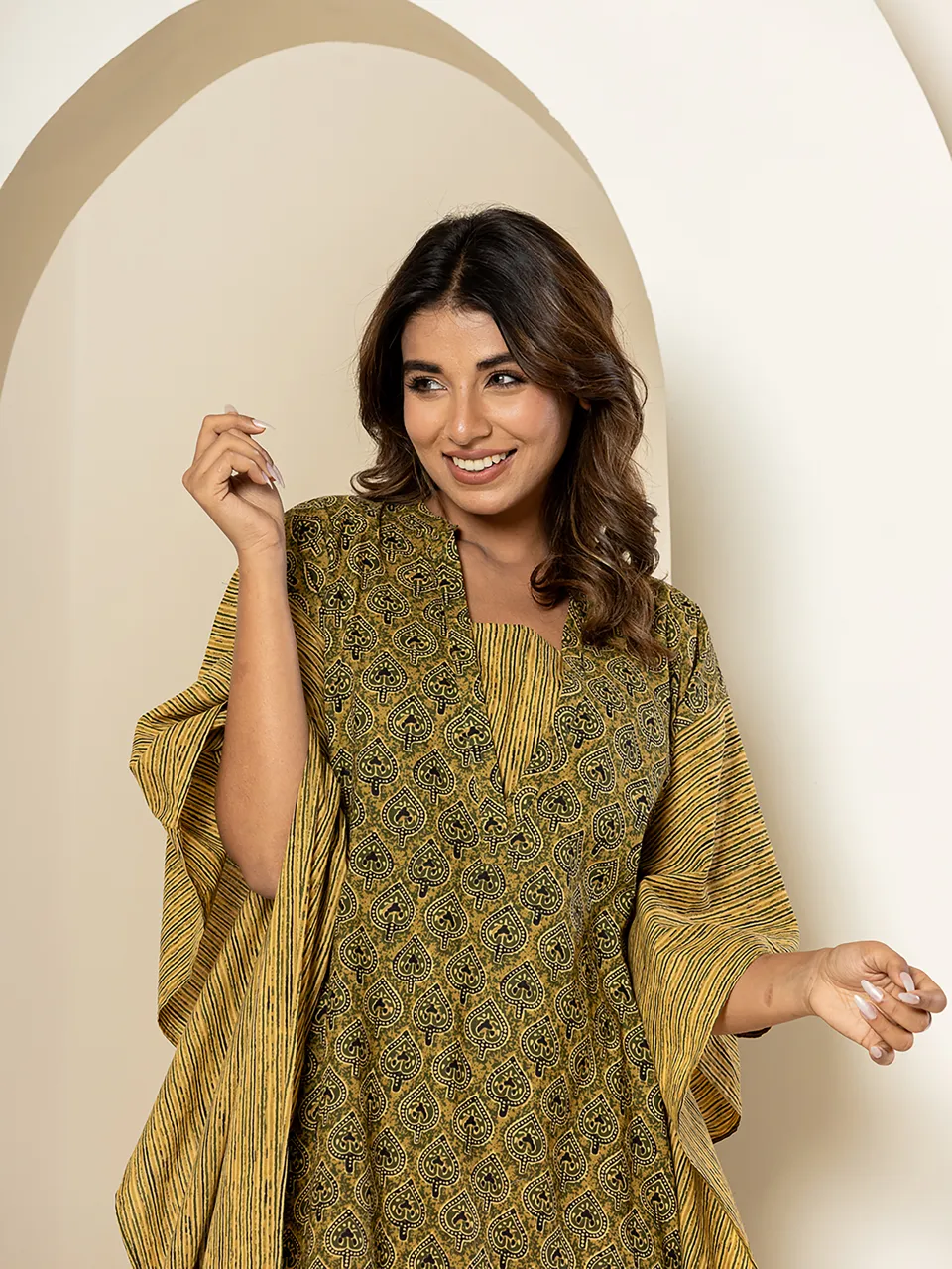 Green mehendi block - 2 piece Pure Cotton Kaftan Set