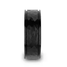 Hammered Finish Black Ceramic Band with Grooves