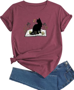J&DHUASHA Women's Cat Shirt Funny Cat Book Floral Graphic Tshirt Casual Short Sleeve Tee Top