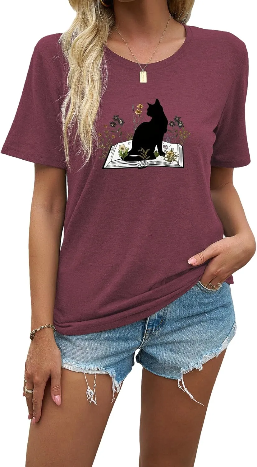 J&DHUASHA Women's Cat Shirt Funny Cat Book Floral Graphic Tshirt Casual Short Sleeve Tee Top