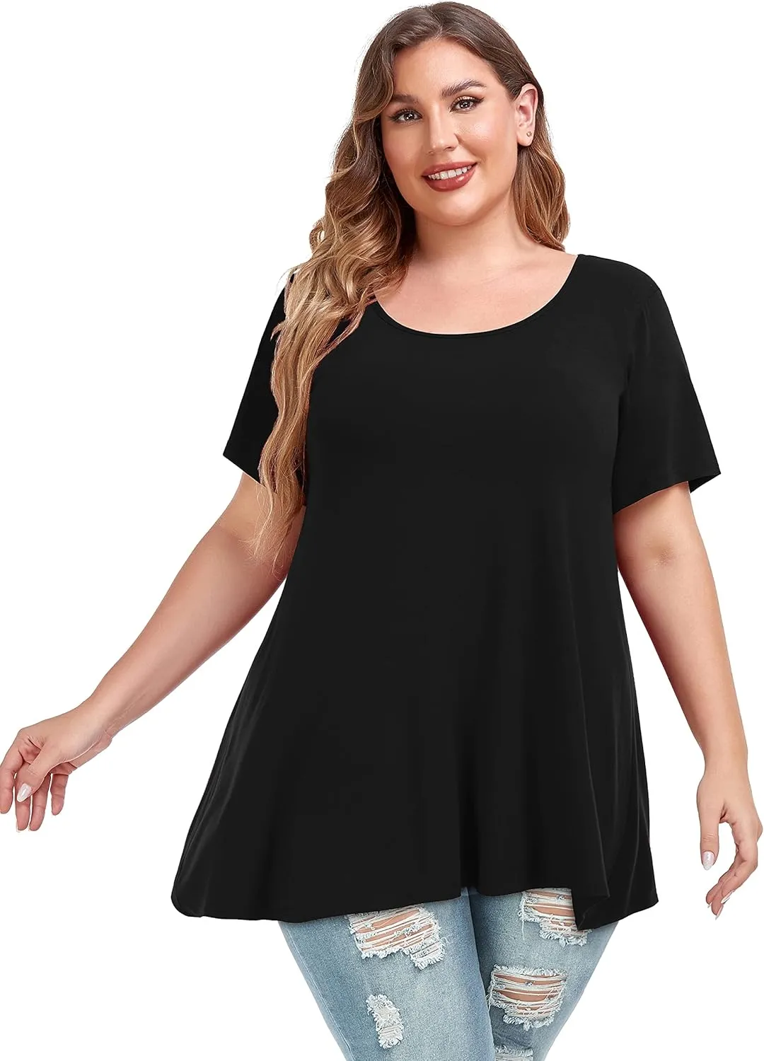 JOELLYUS Plus Size Tops for Women Tunic Floral Casual Short Sleeves T Shirts Flowy Blouses