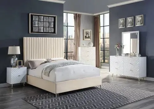 Keira King Bed, Beige Velvet