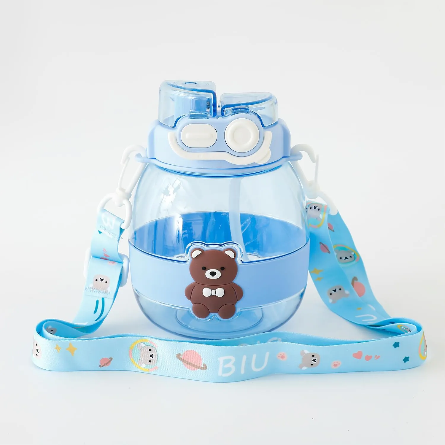 Kuber Industries Kids Pack of 6 Water Bottle With Straw |Cute Teddy Bear Sipper Water Bottle For Kids Boys Girls| Water Bottle with Locking Flip Lid | 1000 ML | Blue | SYZ-7730C