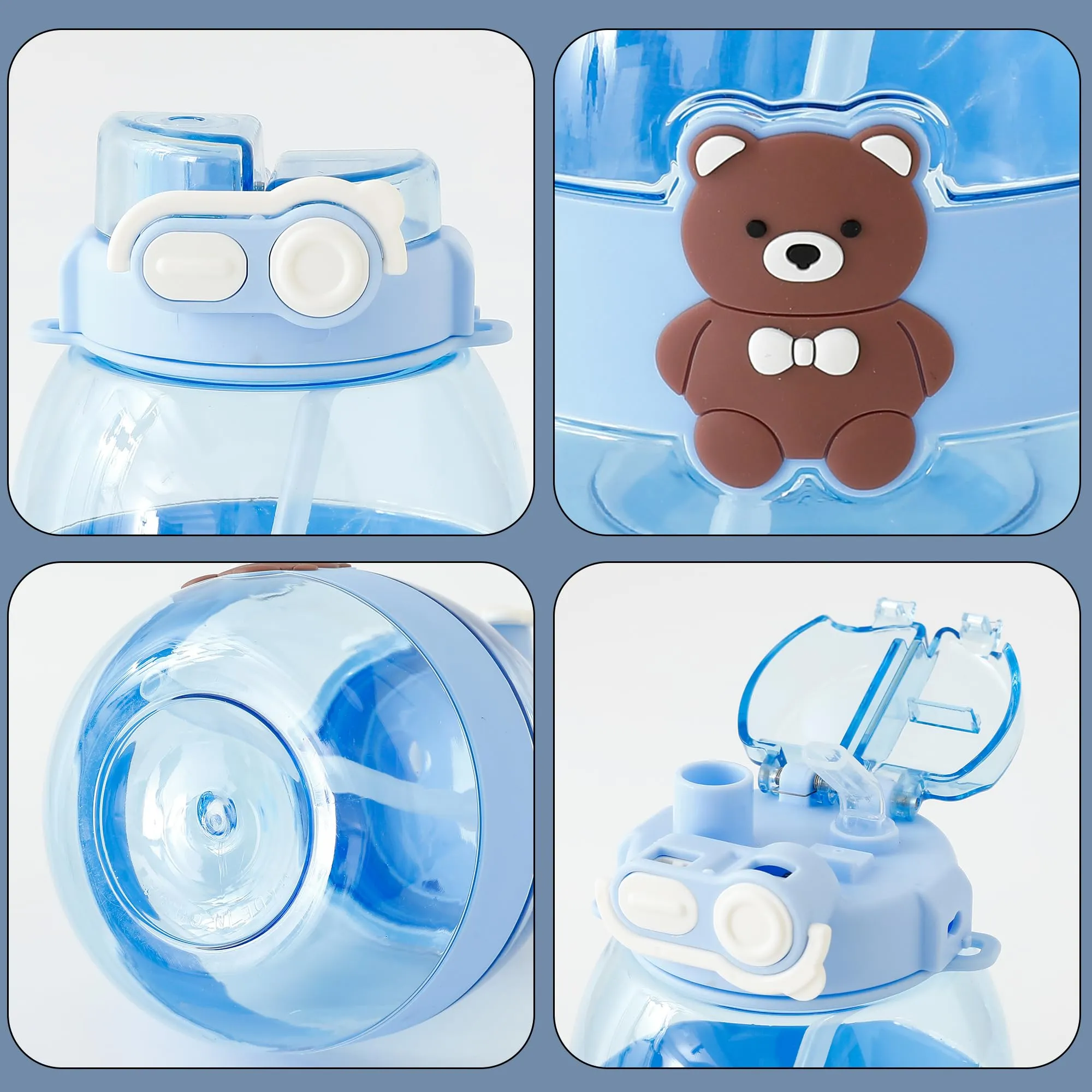 Kuber Industries Kids Pack of 6 Water Bottle With Straw |Cute Teddy Bear Sipper Water Bottle For Kids Boys Girls| Water Bottle with Locking Flip Lid | 1000 ML | Blue | SYZ-7730C