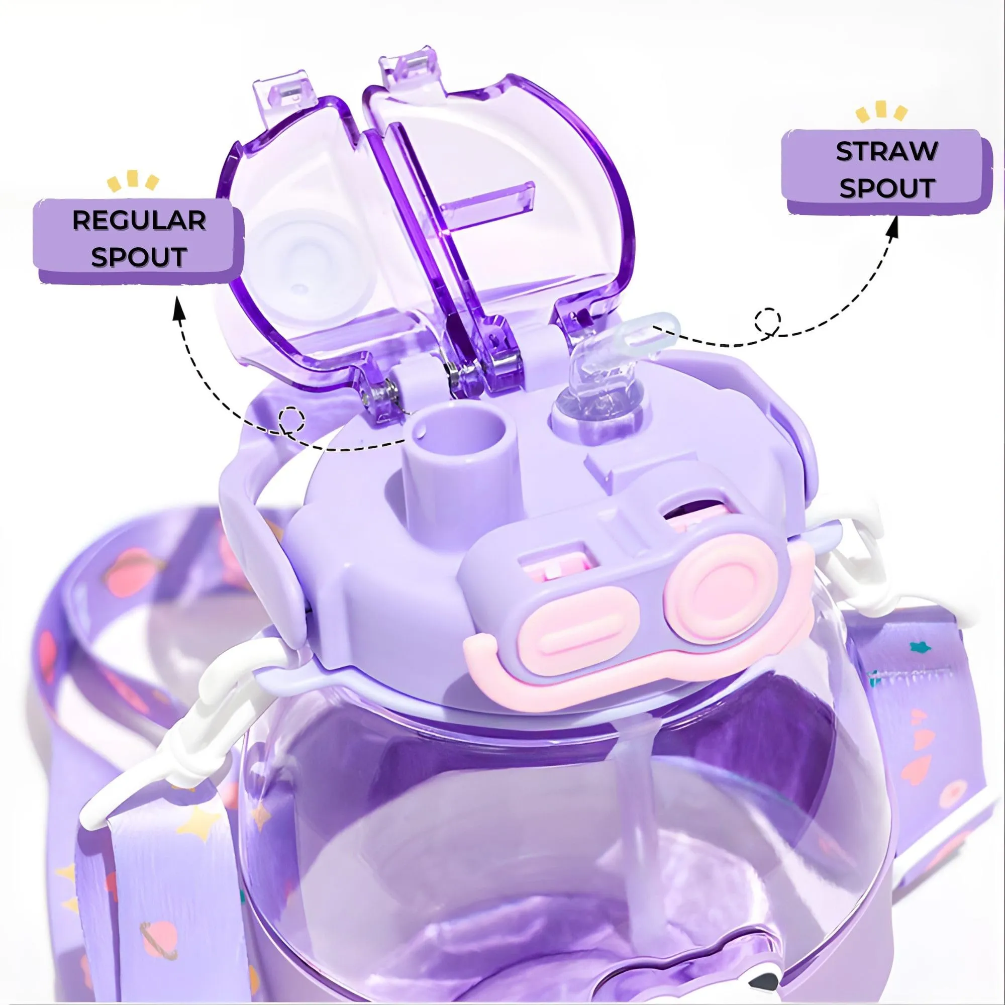 Kuber Industries Pack of 5 Kids Water Bottle With Straw |Cute Teddy Bear Sipper Water Bottle For Kids Boys Girls| Water Bottle with Locking Flip Lid | 1000 ML | Purple | SYZ-7728A