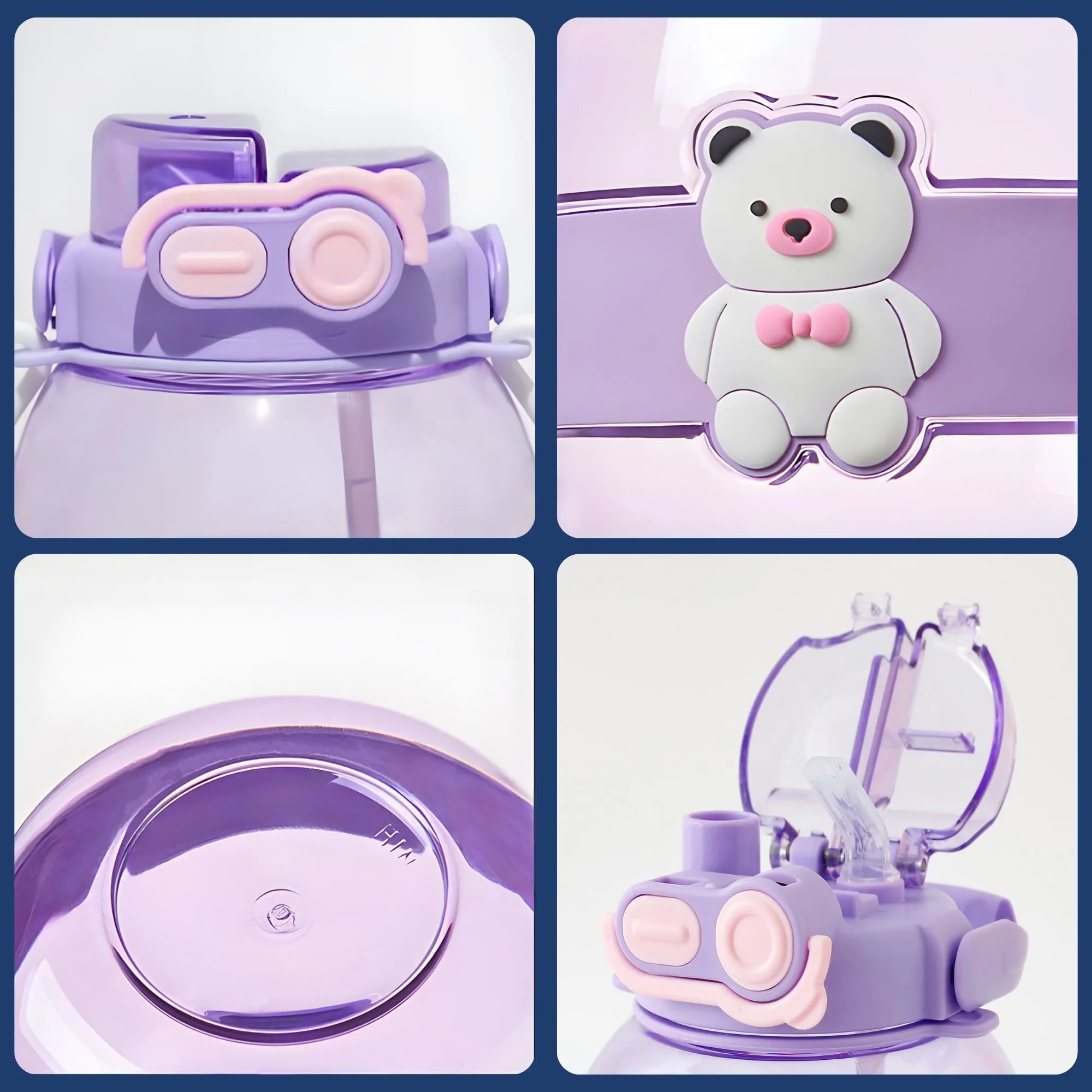 Kuber Industries Pack of 5 Kids Water Bottle With Straw |Cute Teddy Bear Sipper Water Bottle For Kids Boys Girls| Water Bottle with Locking Flip Lid | 1000 ML | Purple | SYZ-7728A