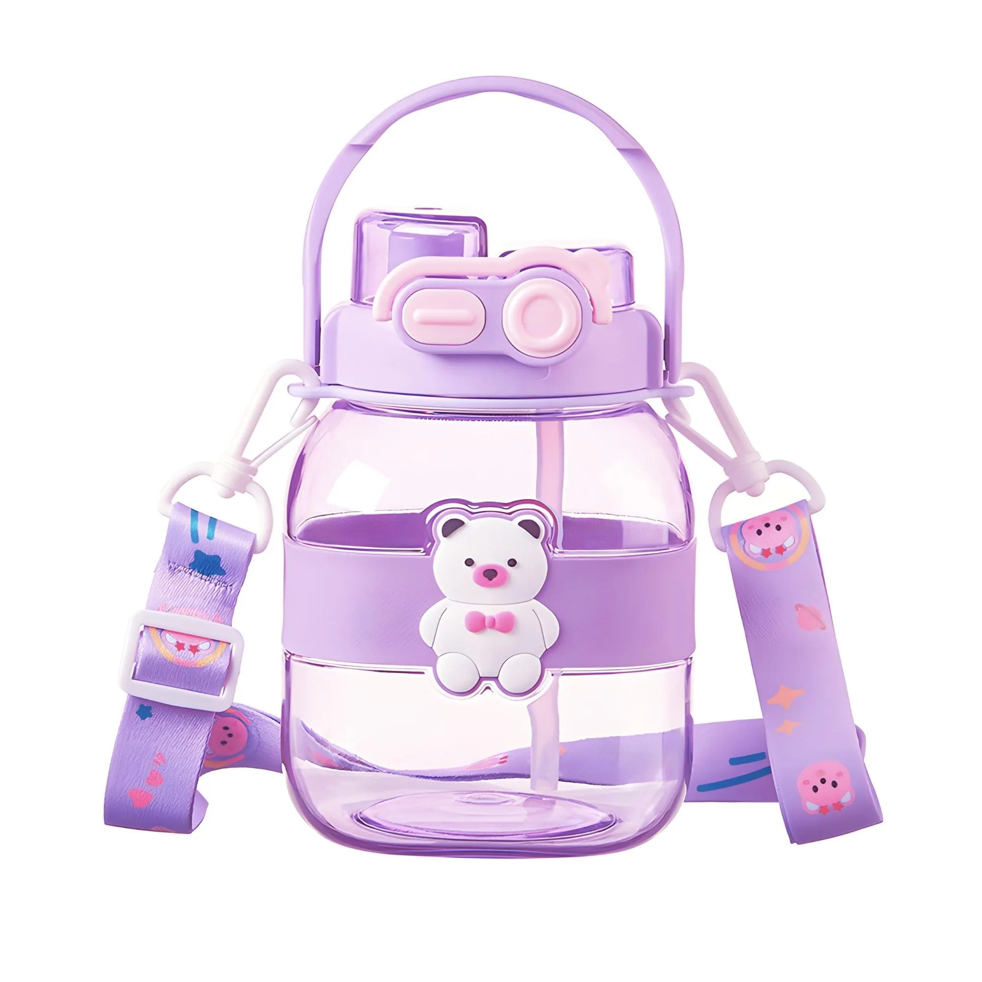 Kuber Industries Pack of 5 Kids Water Bottle With Straw |Cute Teddy Bear Sipper Water Bottle For Kids Boys Girls| Water Bottle with Locking Flip Lid | 1000 ML | Purple | SYZ-7728A