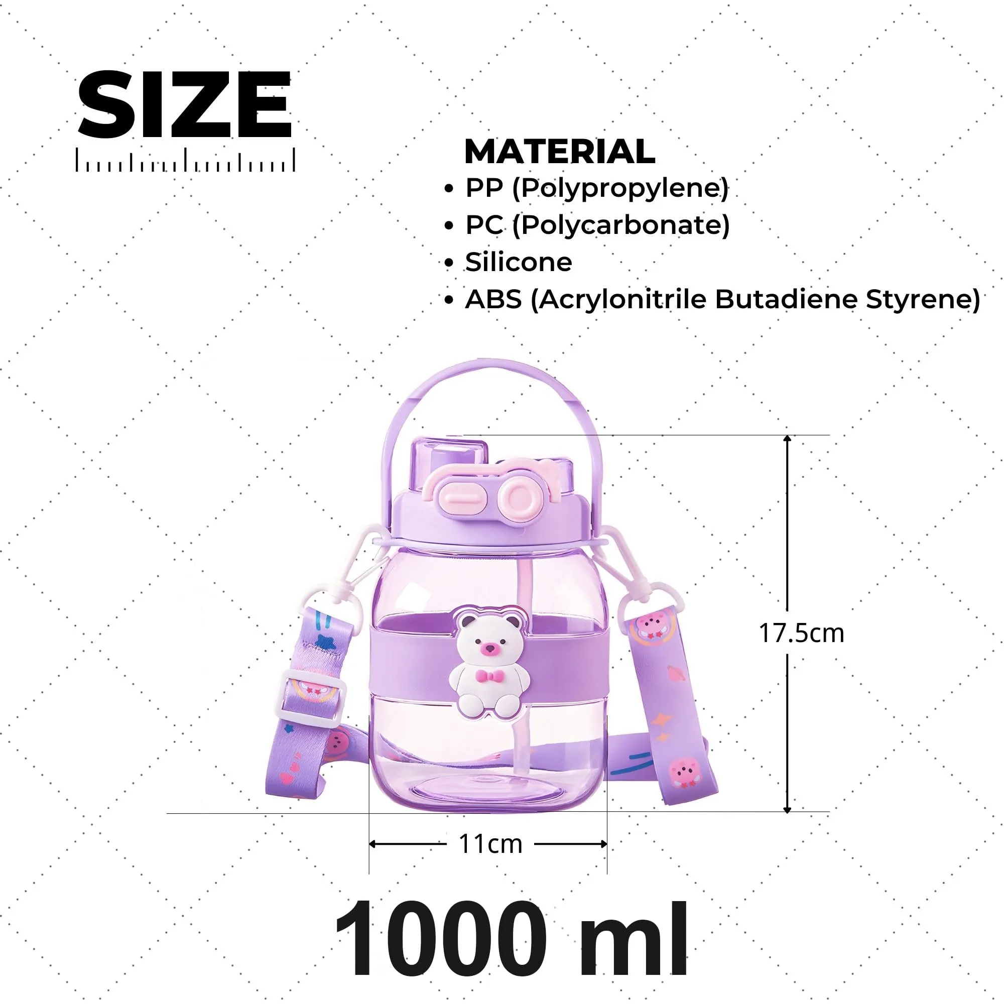 Kuber Industries Pack of 5 Kids Water Bottle With Straw |Cute Teddy Bear Sipper Water Bottle For Kids Boys Girls| Water Bottle with Locking Flip Lid | 1000 ML | Purple | SYZ-7728A