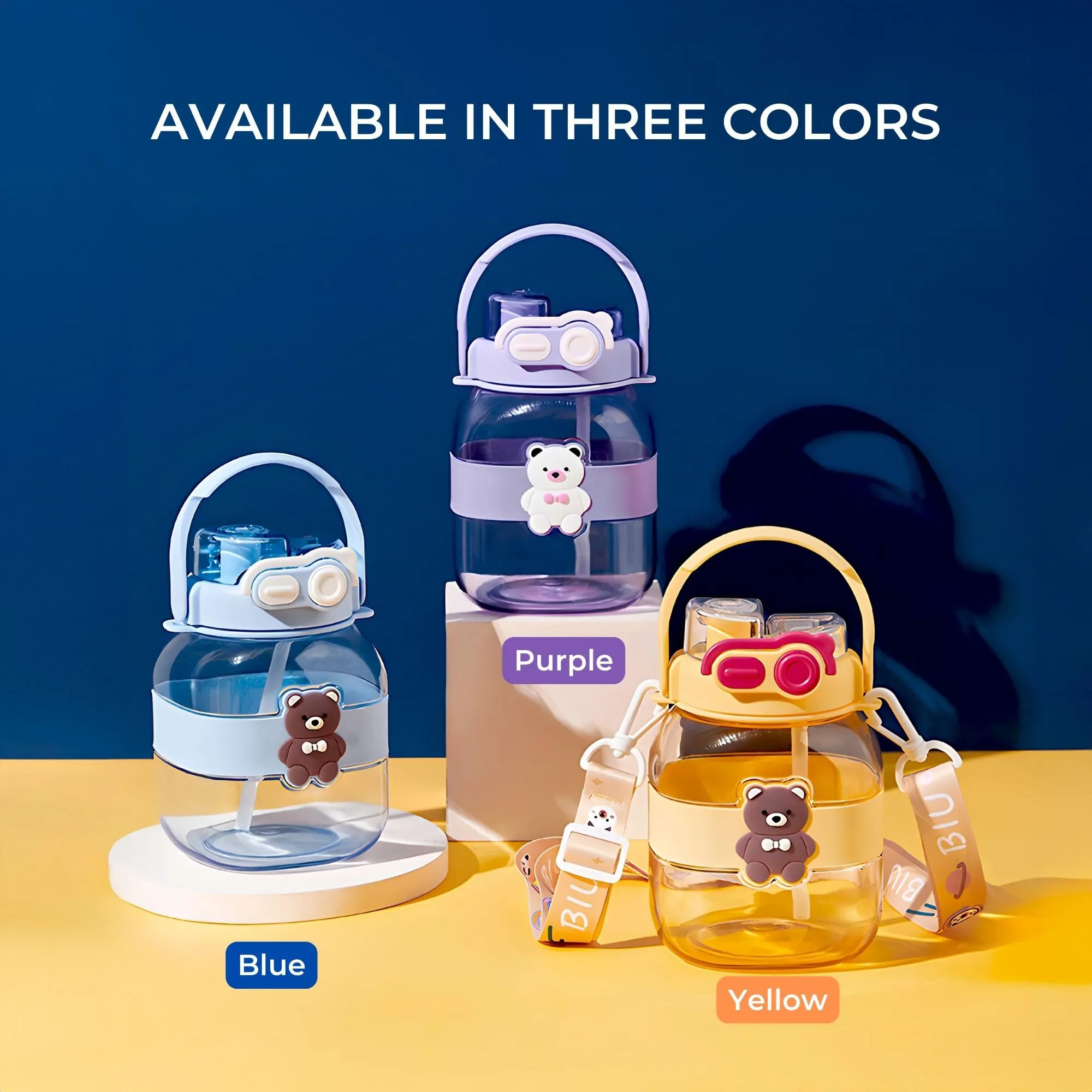 Kuber Industries Pack of 5 Kids Water Bottle With Straw |Cute Teddy Bear Sipper Water Bottle For Kids Boys Girls| Water Bottle with Locking Flip Lid | 1000 ML | Purple | SYZ-7728A