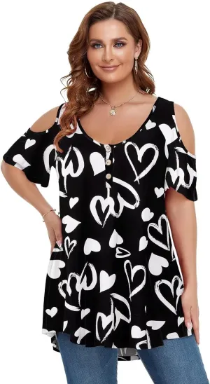 LARACE Cold Shoulder Tops for Women Plus Size V Neck T Shirts Short Sleeve Summer Clothes Button Up Tunic