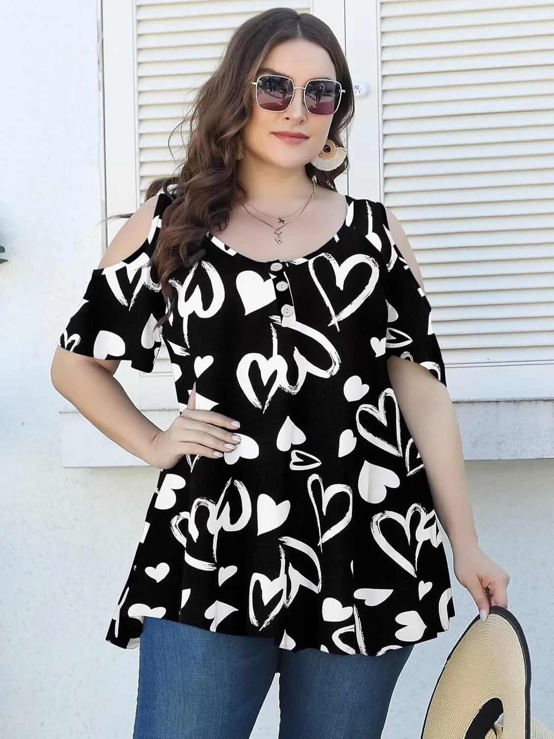 LARACE Cold Shoulder Tops for Women Plus Size V Neck T Shirts Short Sleeve Summer Clothes Button Up Tunic