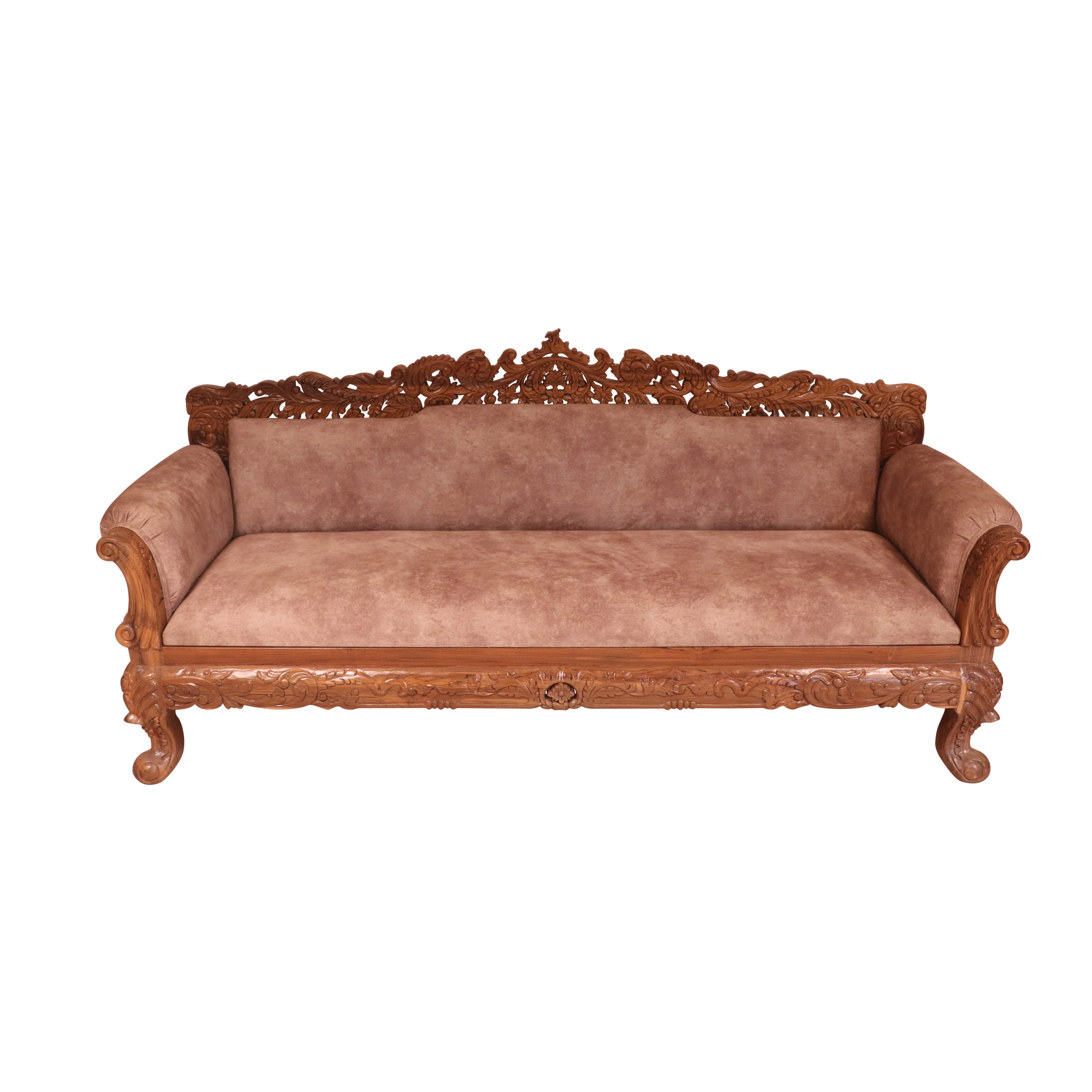 Light finish Royal Carved Teak wood 3 Seater Sofa