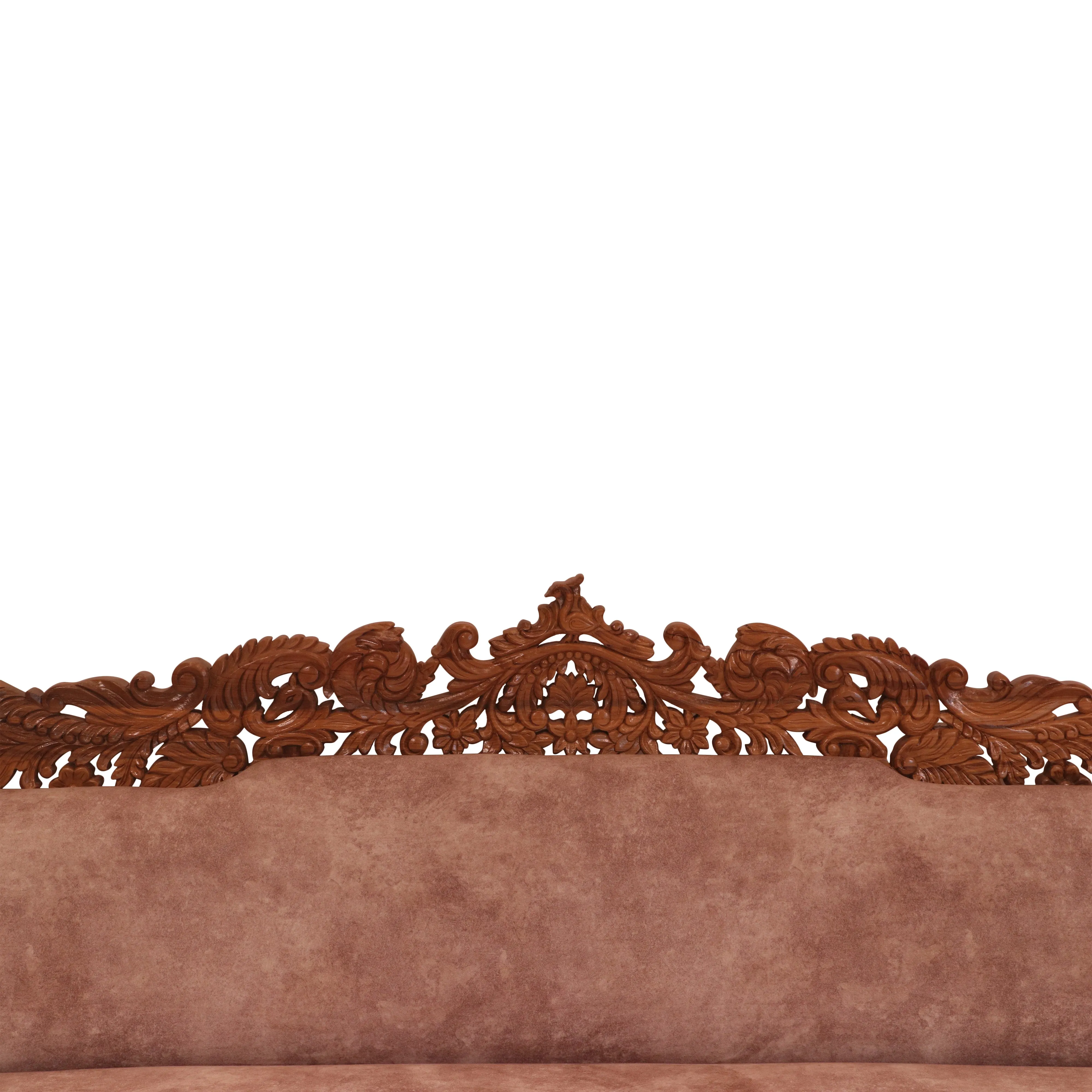 Light finish Royal Carved Teak wood 3 Seater Sofa
