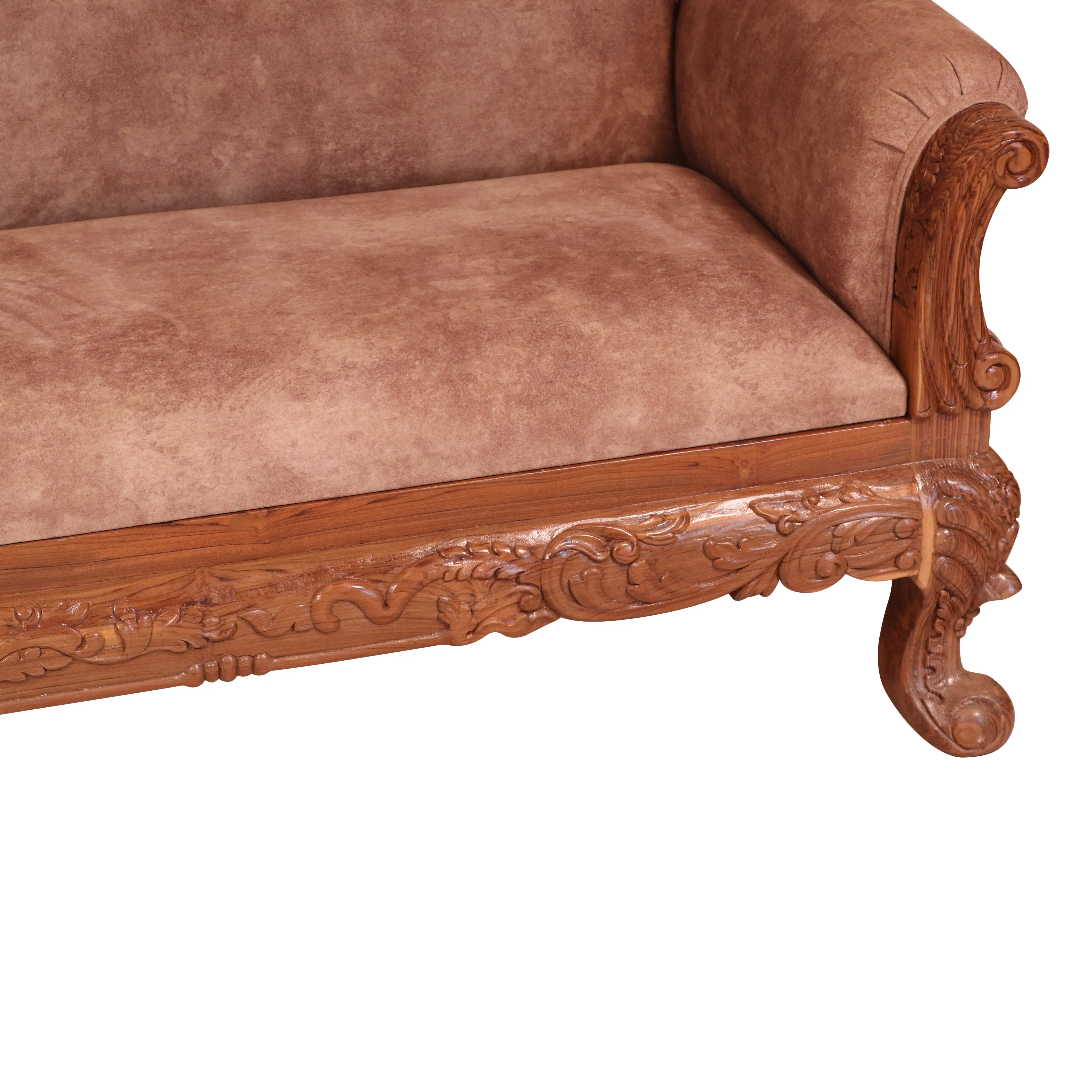 Light finish Royal Carved Teak wood 3 Seater Sofa