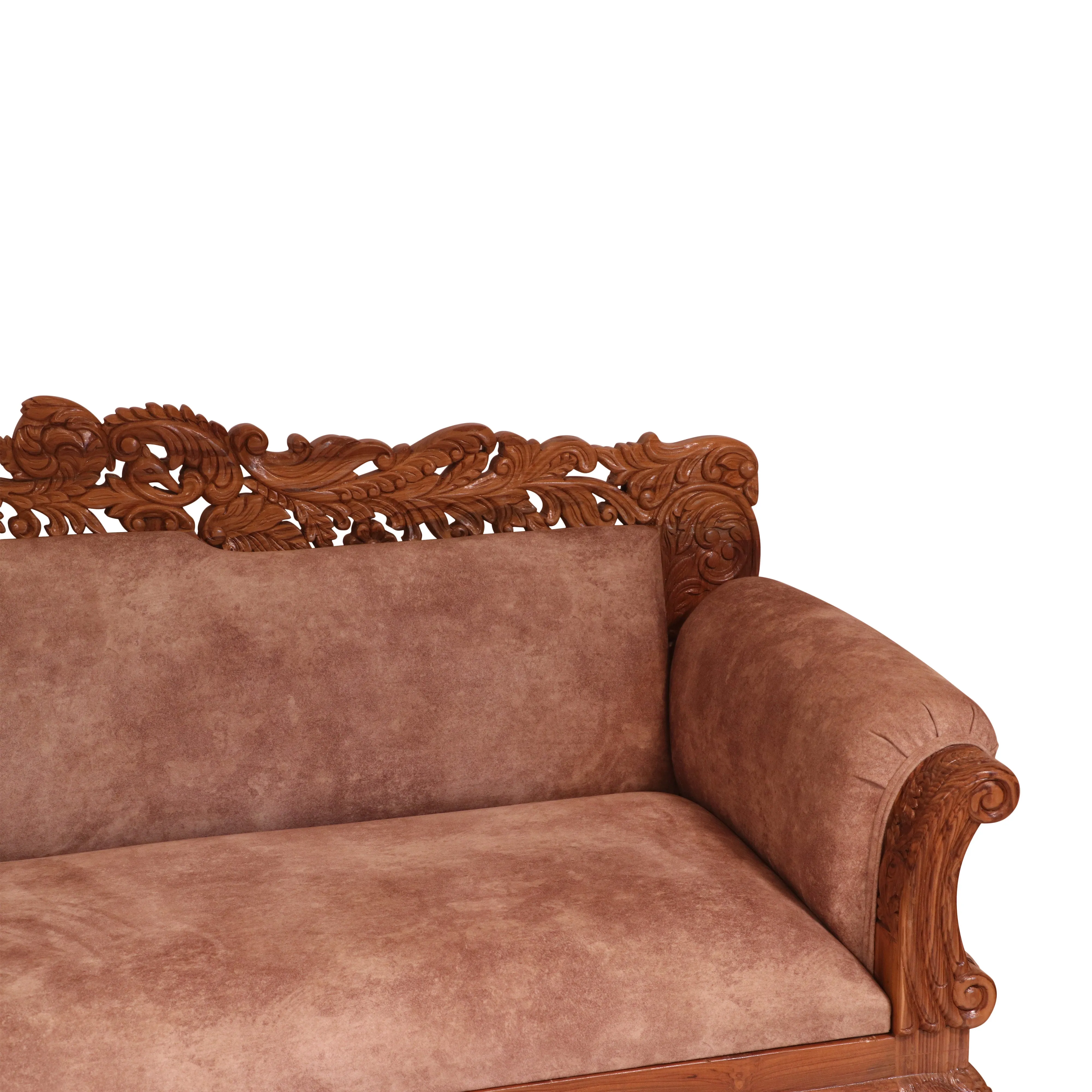 Light finish Royal Carved Teak wood 3 Seater Sofa