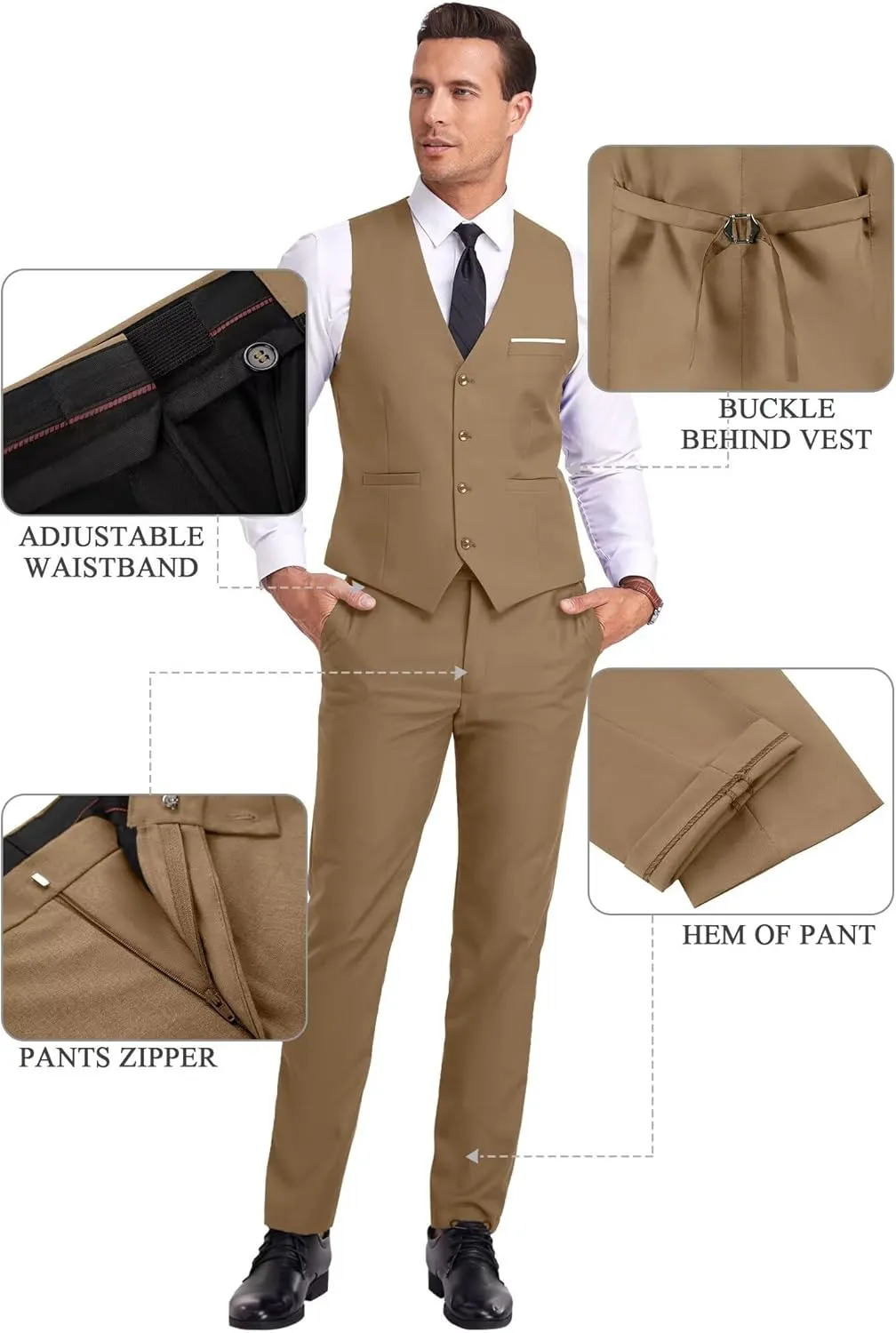 Men Suit 3 Pieces Slim Fit, 2 Buttons Groomsmen Business Jacket Vest Pant Prom Tuxedo with Tie