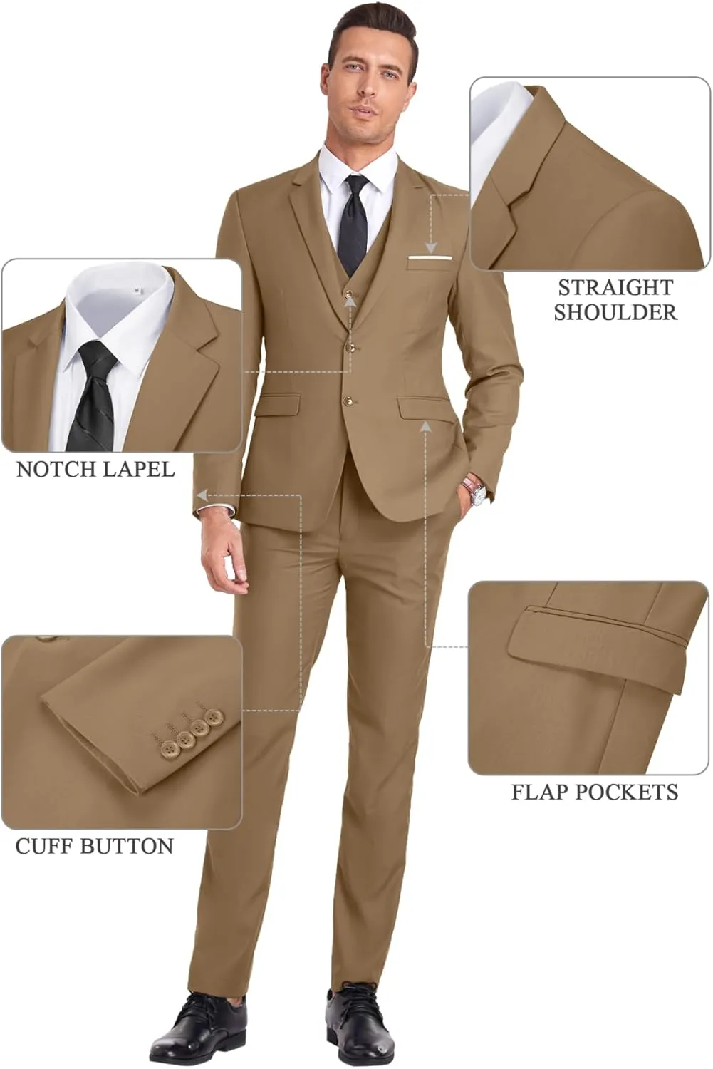 Men Suit 3 Pieces Slim Fit, 2 Buttons Groomsmen Business Jacket Vest Pant Prom Tuxedo with Tie