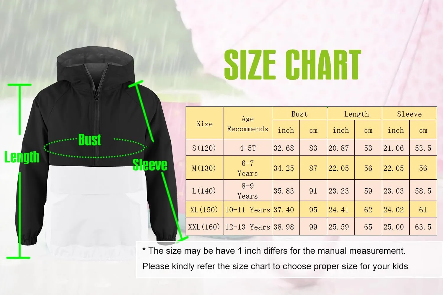 MODAFANS Girls Boys Rain Jacket Lightweight Waterproof Packable Hooded Half zip RainCoats Windbreaker for Outdoor 4-13Year