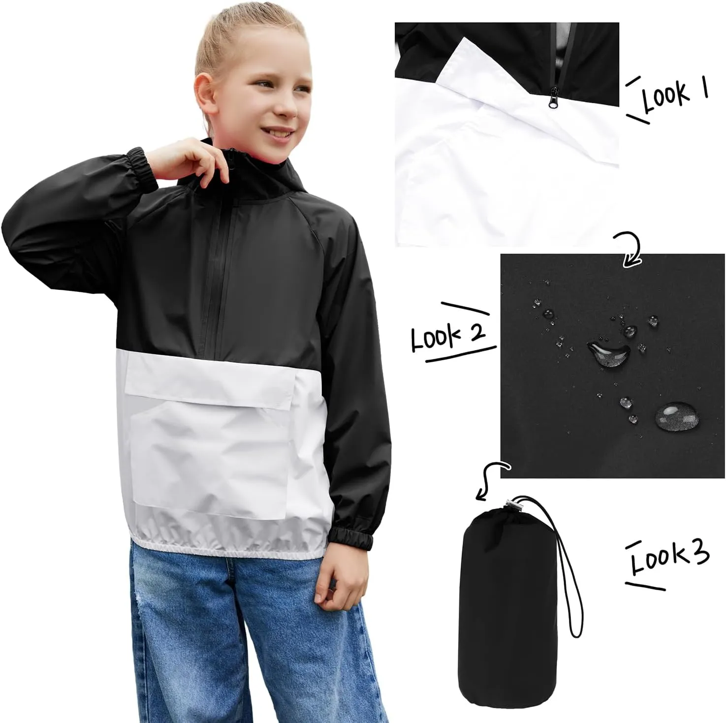 MODAFANS Girls Boys Rain Jacket Lightweight Waterproof Packable Hooded Half zip RainCoats Windbreaker for Outdoor 4-13Year