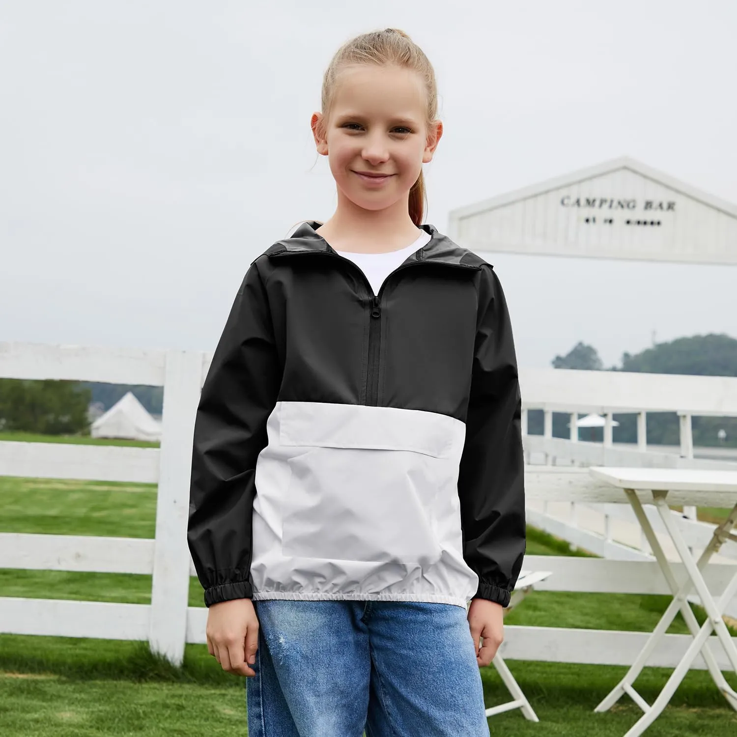 MODAFANS Girls Boys Rain Jacket Lightweight Waterproof Packable Hooded Half zip RainCoats Windbreaker for Outdoor 4-13Year