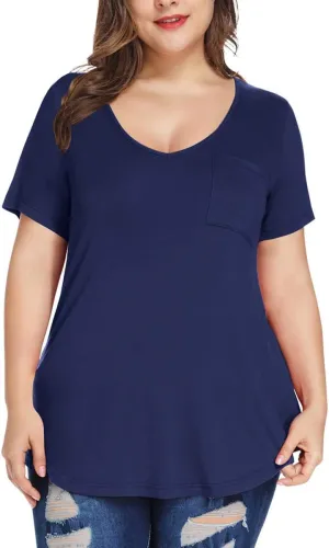 MONNURO Plus Size Tops for Women Casual V Neck Summer Short Sleeve T Shirts with Pocket