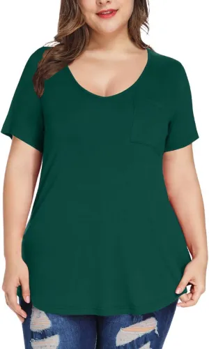MONNURO Plus Size Tops for Women Casual V Neck Summer Short Sleeve T Shirts with Pocket