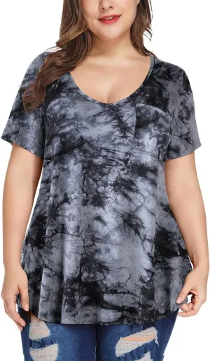 MONNURO Plus Size Tops for Women Casual V Neck Summer Short Sleeve T Shirts with Pocket