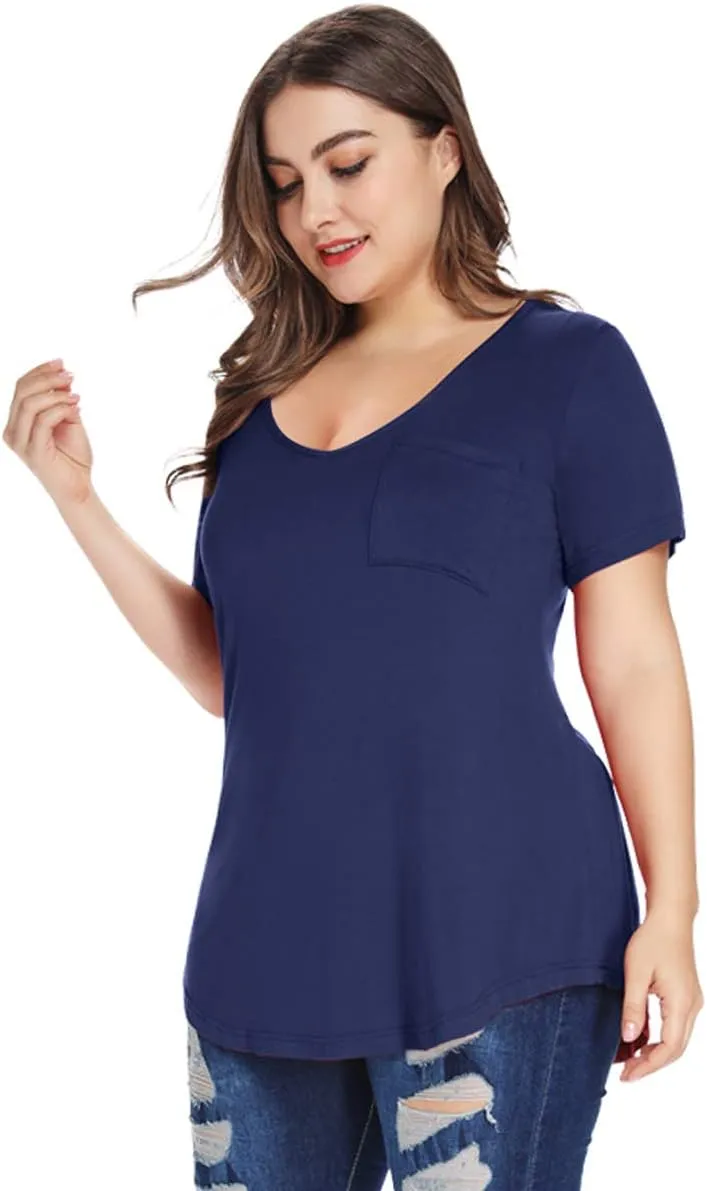 MONNURO Plus Size Tops for Women Casual V Neck Summer Short Sleeve T Shirts with Pocket