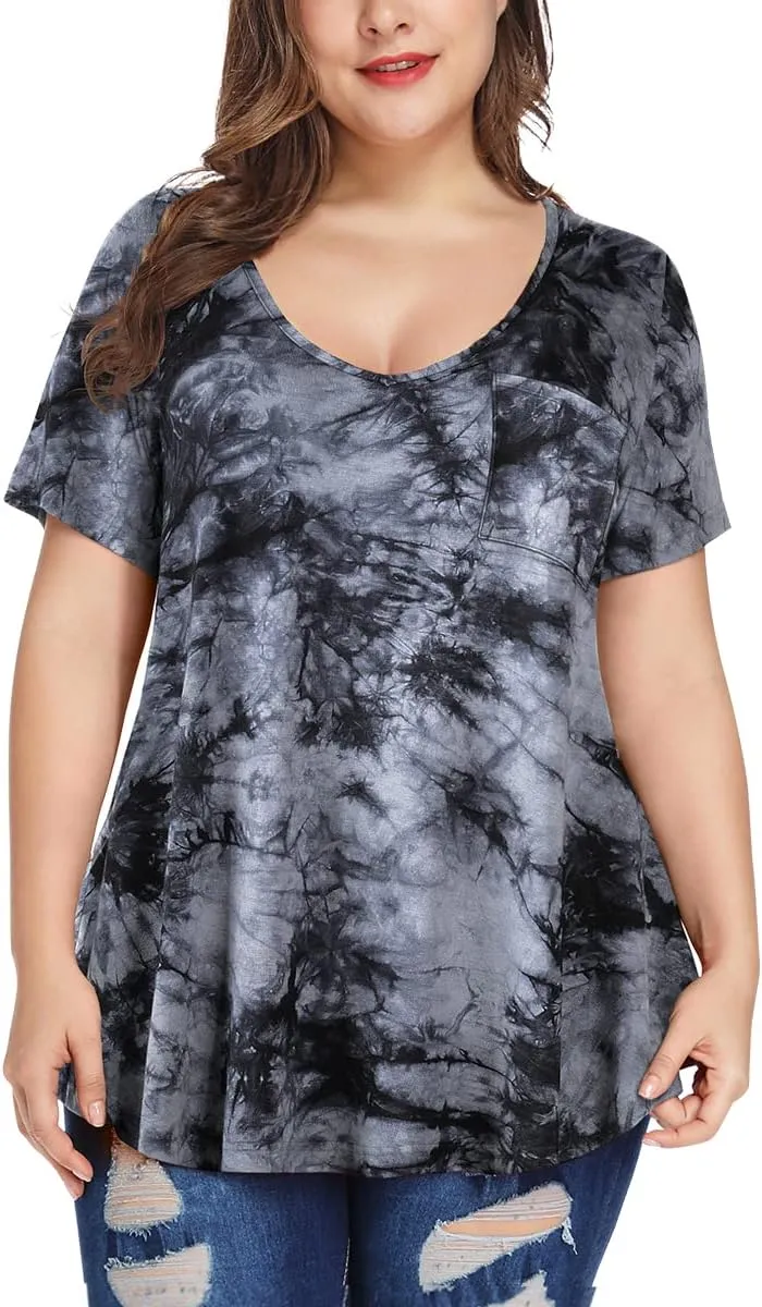 MONNURO Plus Size Tops for Women Casual V Neck Summer Short Sleeve T Shirts with Pocket