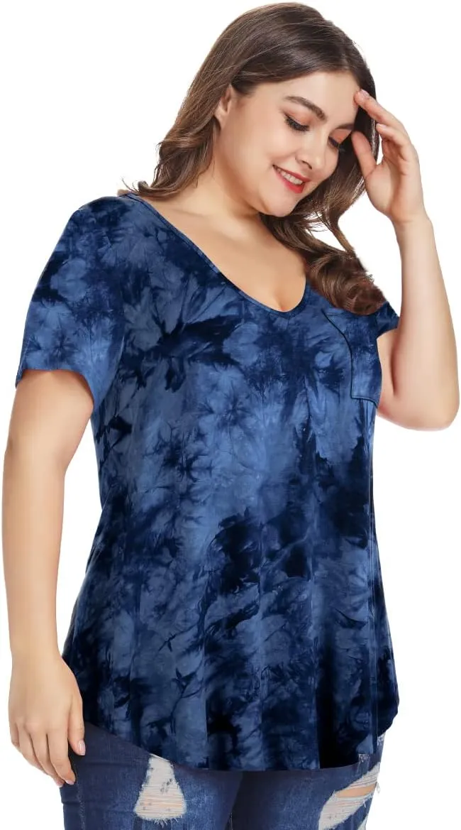 MONNURO Plus Size Tops for Women Casual V Neck Summer Short Sleeve T Shirts with Pocket