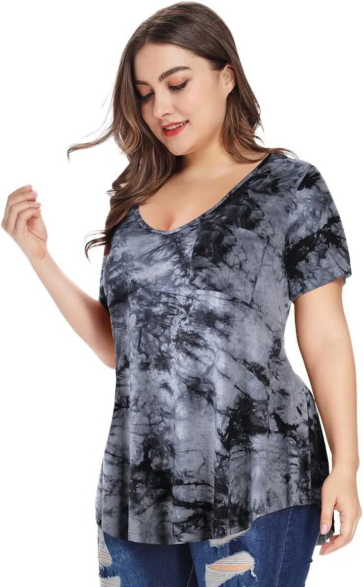 MONNURO Plus Size Tops for Women Casual V Neck Summer Short Sleeve T Shirts with Pocket