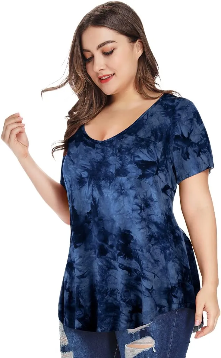 MONNURO Plus Size Tops for Women Casual V Neck Summer Short Sleeve T Shirts with Pocket