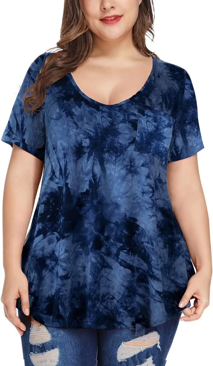 MONNURO Plus Size Tops for Women Casual V Neck Summer Short Sleeve T Shirts with Pocket