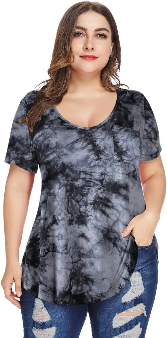 MONNURO Plus Size Tops for Women Casual V Neck Summer Short Sleeve T Shirts with Pocket