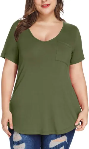 MONNURO Plus Size Tops for Women Casual V Neck Summer Short Sleeve T Shirts with Pocket